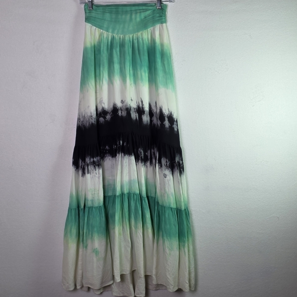 A.L.C. 100% Silk Boho Maxi Skirt  Tie Dye Ombre Tiered Flowy Lined Womens Sz 2 - Picture 11 of 12